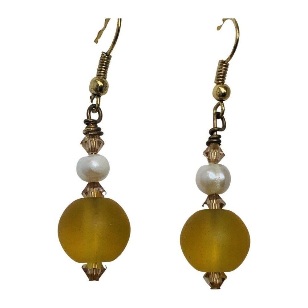 Vintage White Freshwater Pearl Topaz Frosted Crystal Glass Dangle Drop Earrings